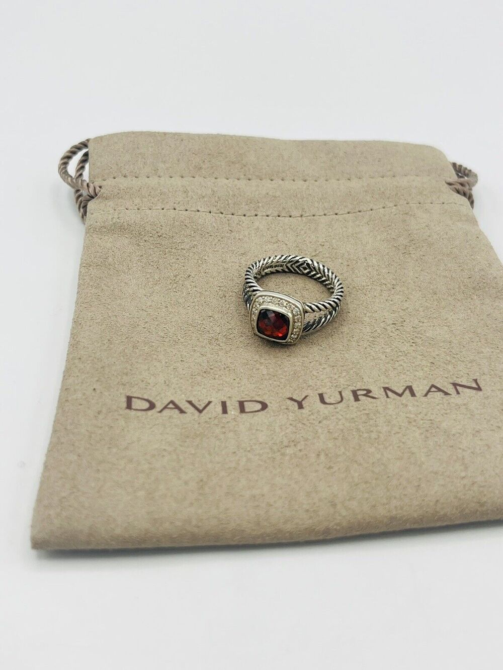 David Yurman Sterling Silver Garnet & Diamond Petite Albion Ring Size 7